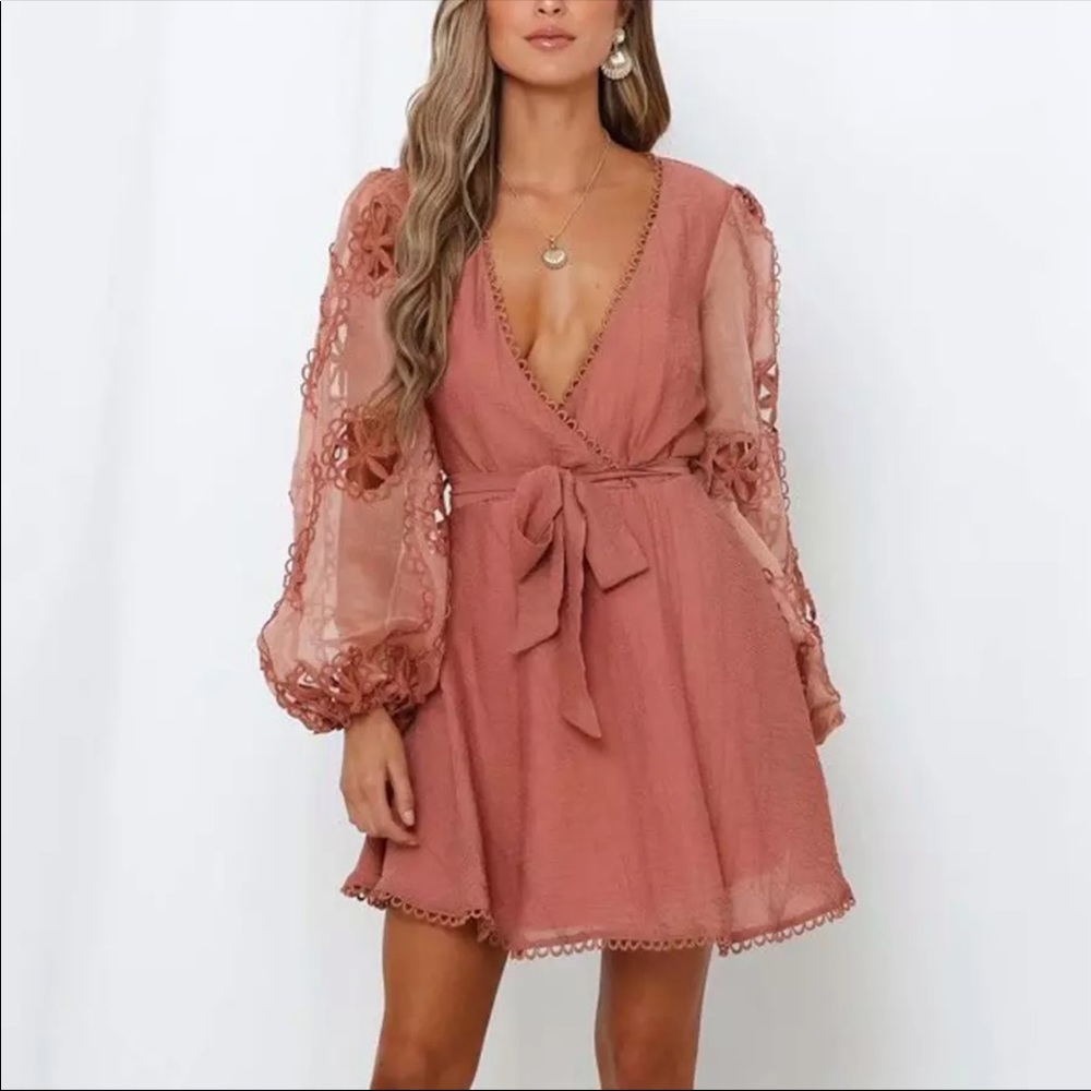 Pink Plunge Neck Wrap Dress with Bishop Sleeves.